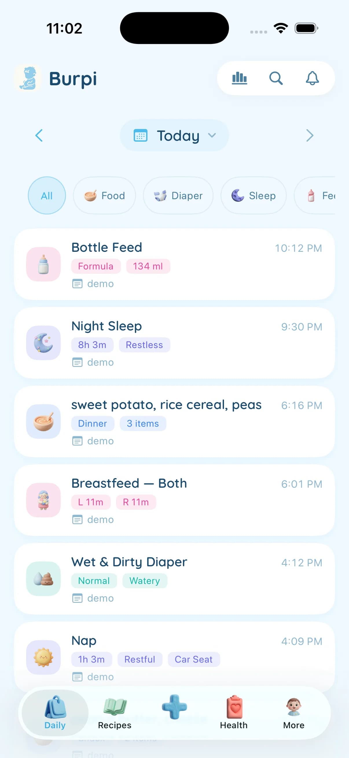 Log feeds in seconds — Burpi screen